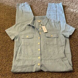NWT Outerknown Azure Blue Pinstripe Cotton Linen Jumpsuit XS XSmall